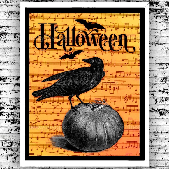 Handmade Other - Halloween Raven Pumpkin Art Print Home Decor 8.5x11